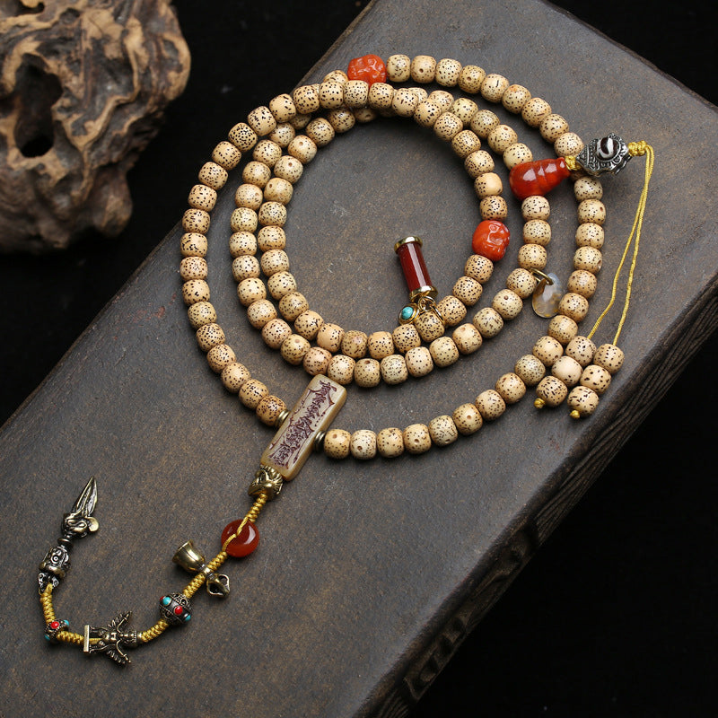 Bodhi seed mala 108 beads on natural cotton cord, traditional Buddhist prayer beads