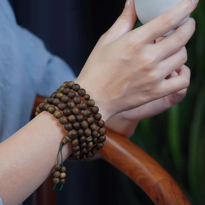 Sandalwood mala 108 beads on natural cord, traditional wooden prayer beads for meditation