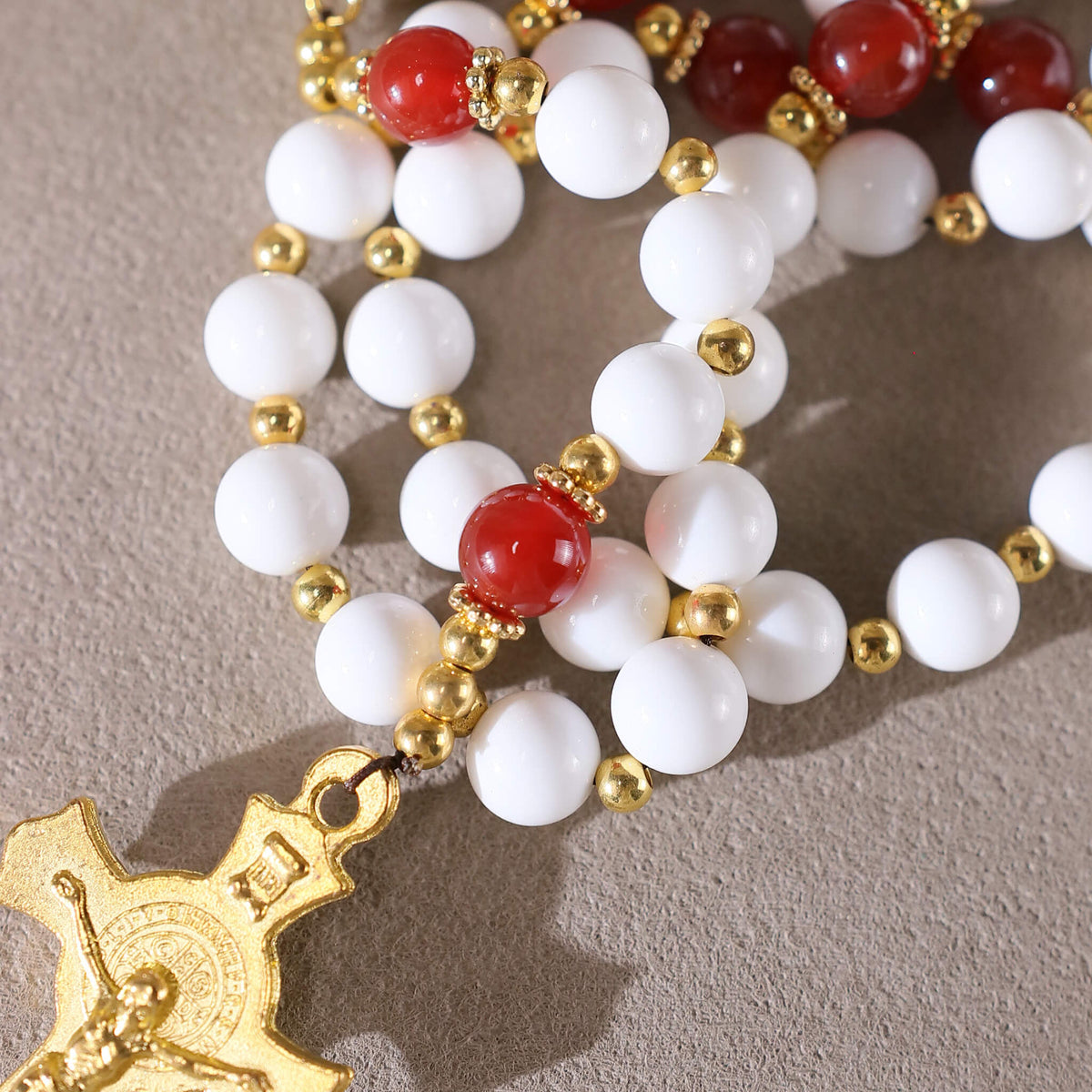 Natural Mother of Pearl Shell Catholic Rosary with Red Agate Accent Beads, 5-Decade Handmade St. Benedict Prayer Rosary