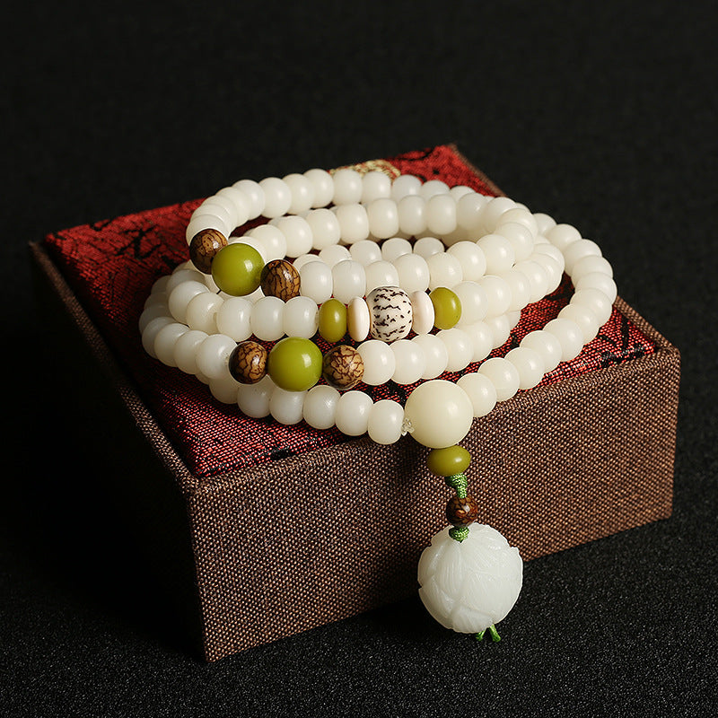 108 White Jade Bodhi Seed Mala Bracelet Handmade for Women Yoga Meditation