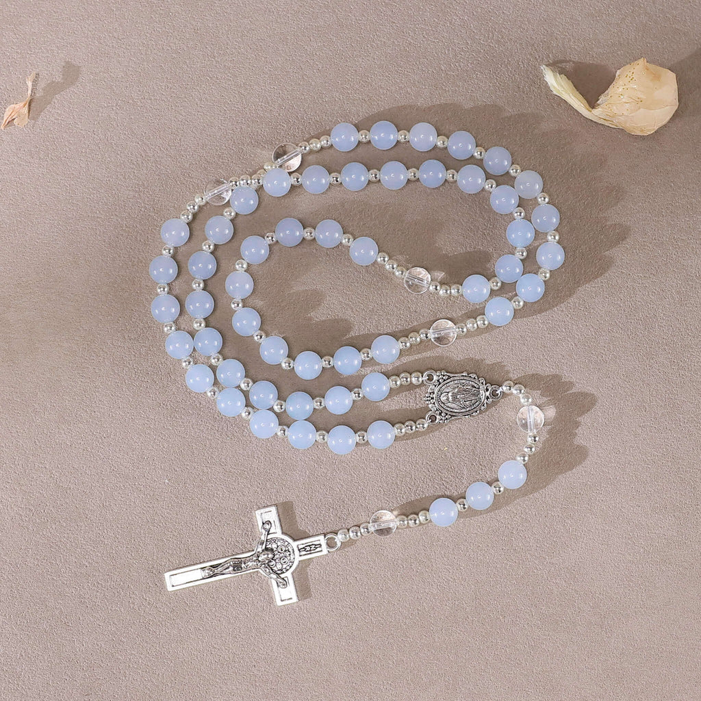 8mm Light Blue Chalcedony Catholic Rosary with Natural Clear Quartz Beads, Handmade St Benedict Rosary