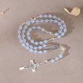 8mm Light Blue Chalcedony Catholic Rosary with Natural Clear Quartz Beads, Handmade St Benedict Rosary