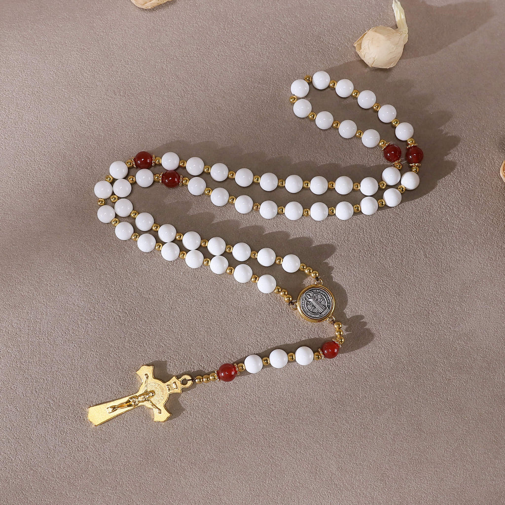 Natural Mother of Pearl Shell Catholic Rosary with Red Agate Accent Beads, 5-Decade Handmade St. Benedict Prayer Rosary