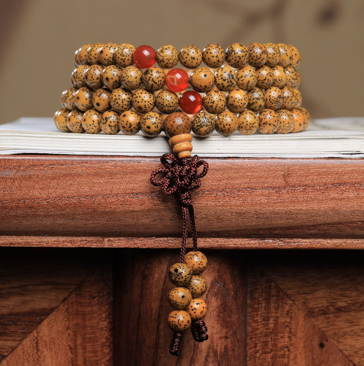 108 Mala Beads Bodhi Seed Red Agate Bracelet – Protection & Good Luck