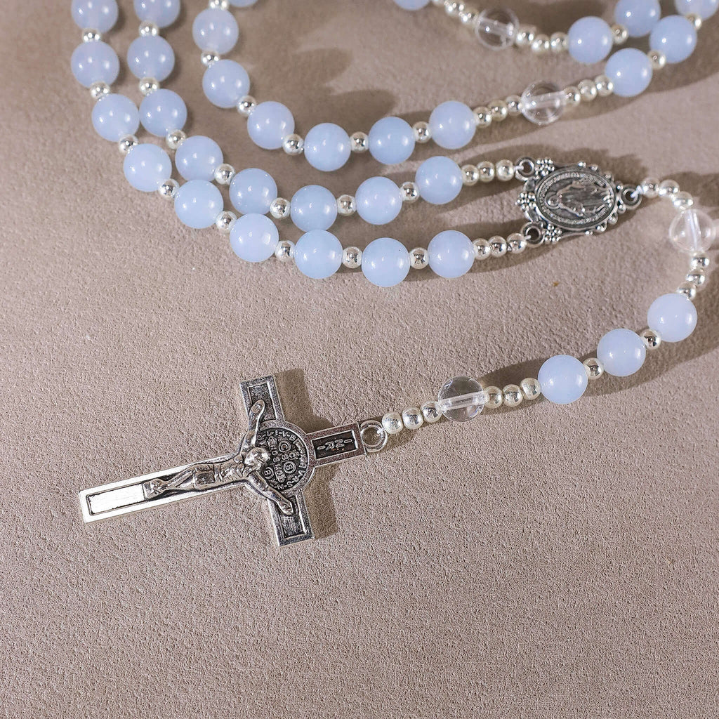 8mm Light Blue Chalcedony Catholic Rosary with Natural Clear Quartz Beads, Handmade St Benedict Rosary