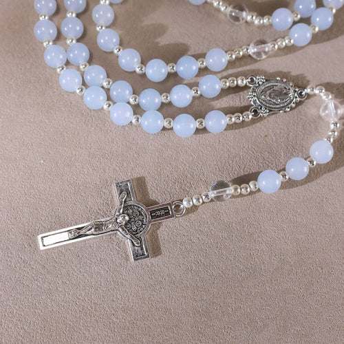 8mm Light Blue Chalcedony Catholic Rosary with Natural Clear Quartz Beads, Handmade St Benedict Rosary