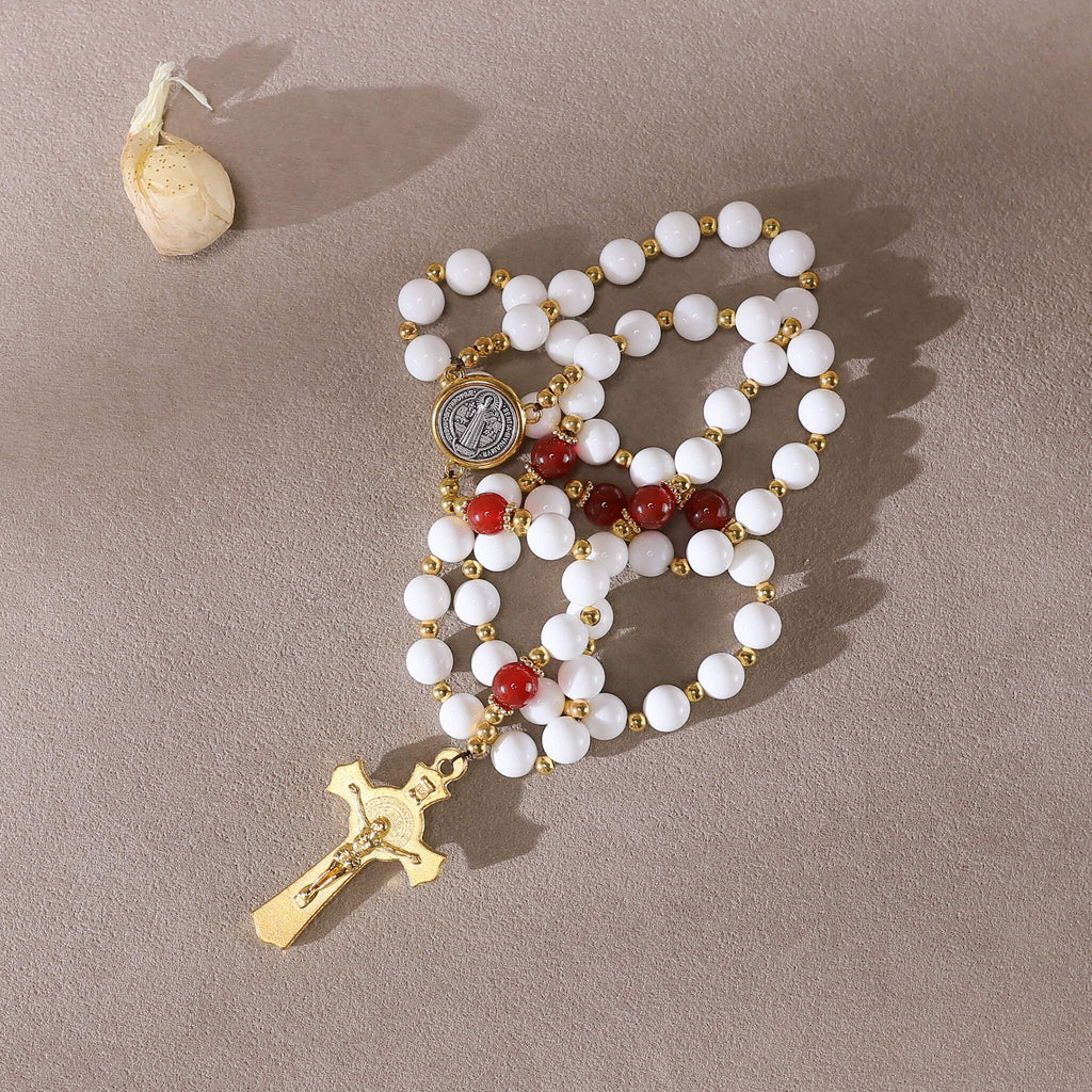 Natural Mother of Pearl Shell Catholic Rosary with Red Agate Accent Beads, 5-Decade Handmade St. Benedict Prayer Rosary