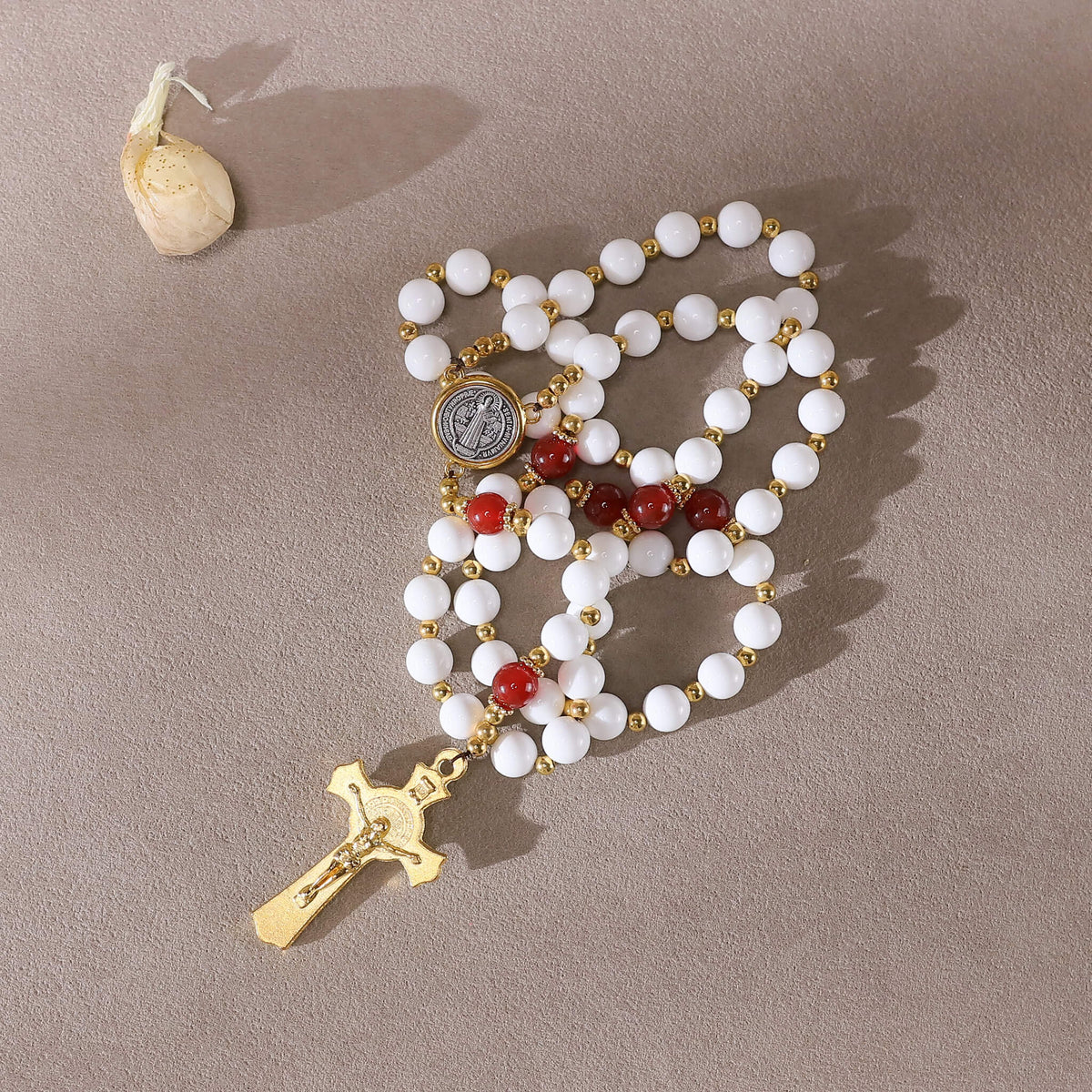 Natural Mother of Pearl Shell Catholic Rosary with Red Agate Accent Beads, 5-Decade Handmade St. Benedict Prayer Rosary