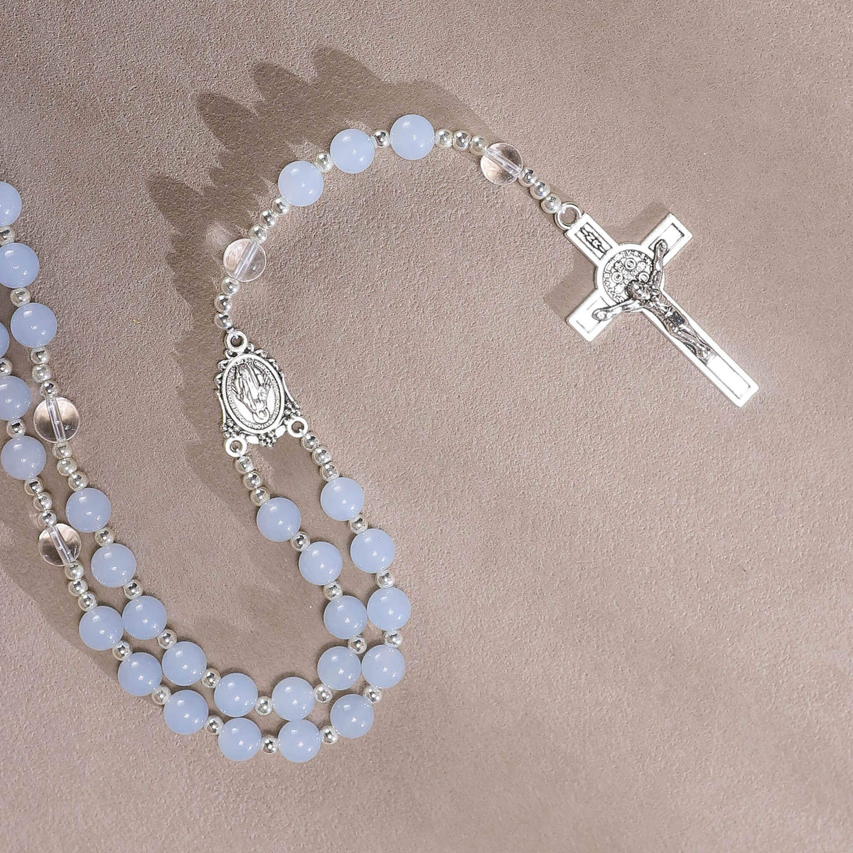8mm Light Blue Chalcedony Catholic Rosary with Natural Clear Quartz Beads, Handmade St Benedict Rosary