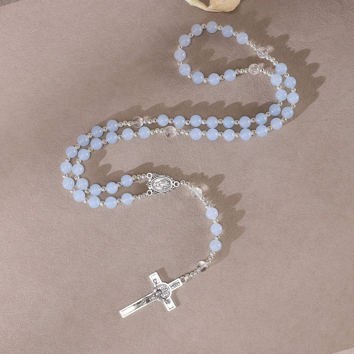 8mm Light Blue Chalcedony Catholic Rosary with Natural Clear Quartz Beads, Handmade St Benedict Rosary