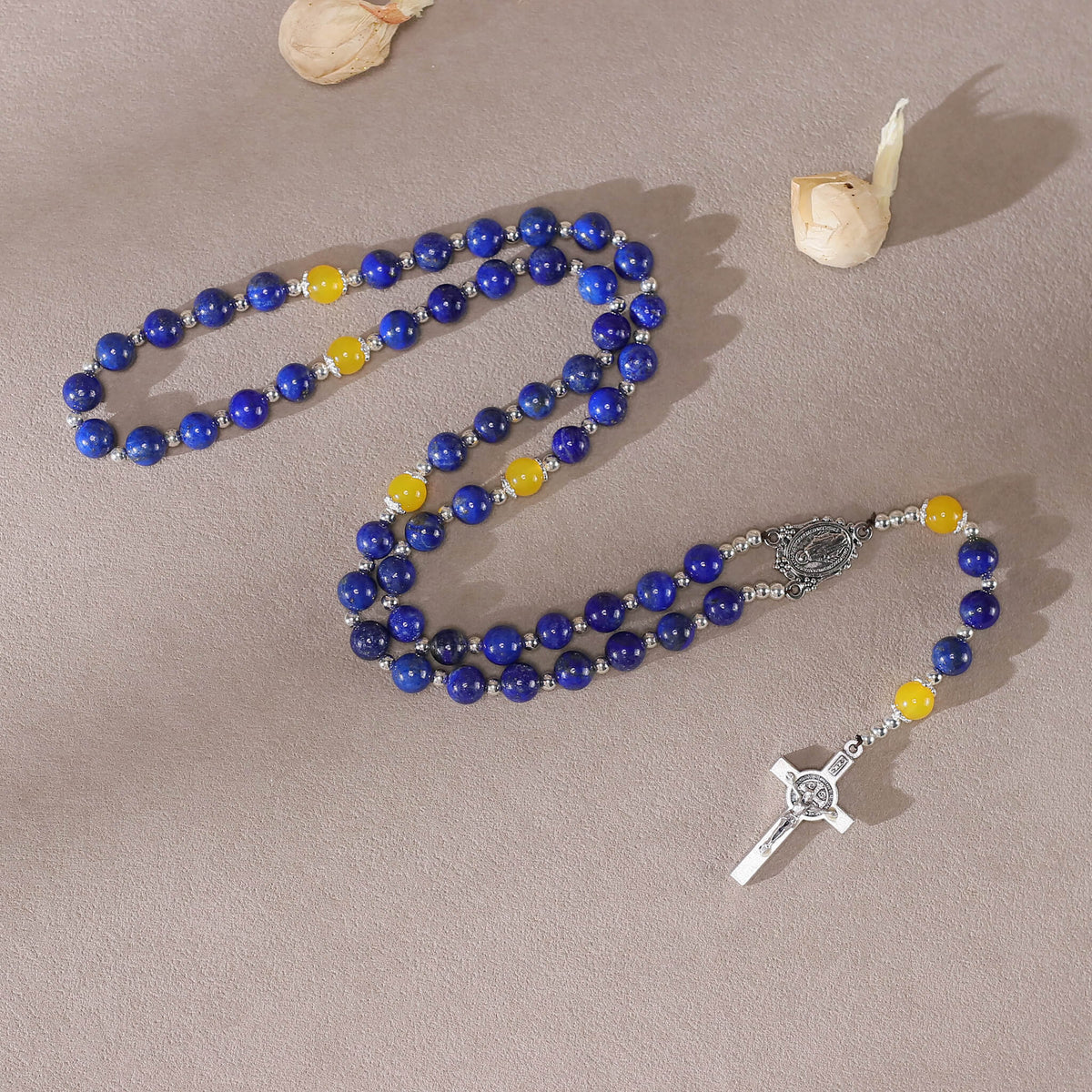 8mm natural lapis lazuli catholic rosary with yellow agate accent beads, handmade prayer rosary with holy medal and saint benedict crucifix
