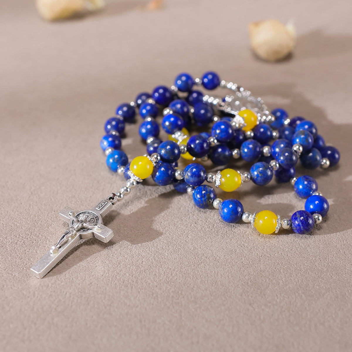 8mm natural lapis lazuli catholic rosary with yellow agate accent beads, prayer rosary with holy medal and crucifix