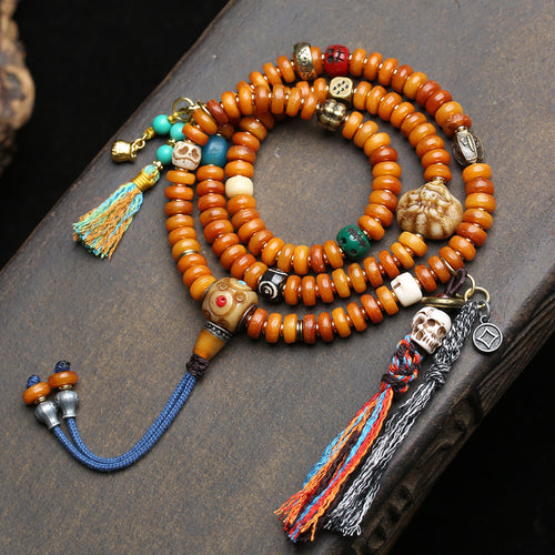 Tibetan 108 Bead Multi-Wrap Mala Bracelet with Yak Bone & Tibetan Silver