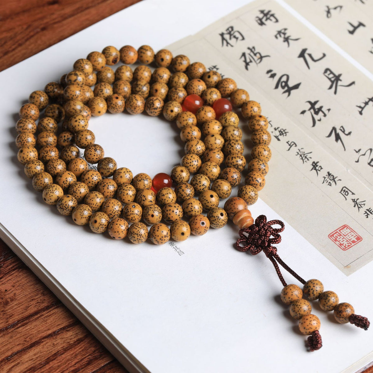 Bodhi Seed 108 Mala Beads Red Agate Bracelet for Protection, Good Luck and Meditation