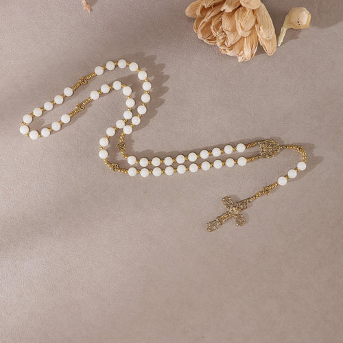 Handmade 8mm natural white plant seed catholic rosary with vintage gold crucifix, full view