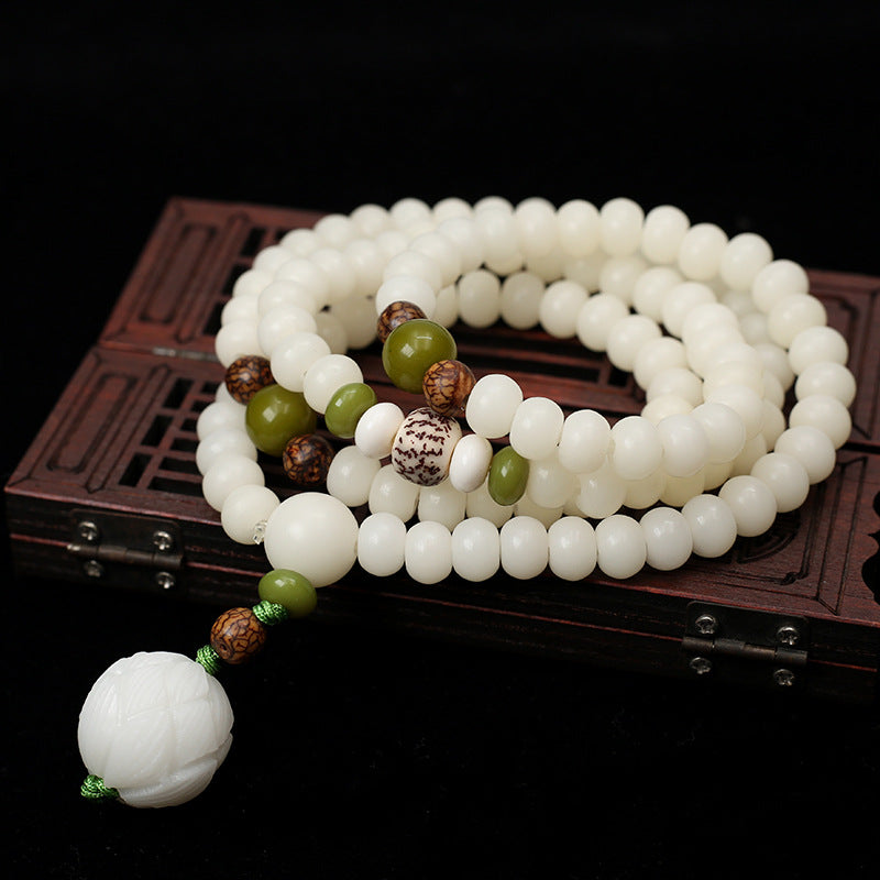 108 White Jade Bodhi Seed Mala Bracelet Handmade Yoga Jewelry for Women